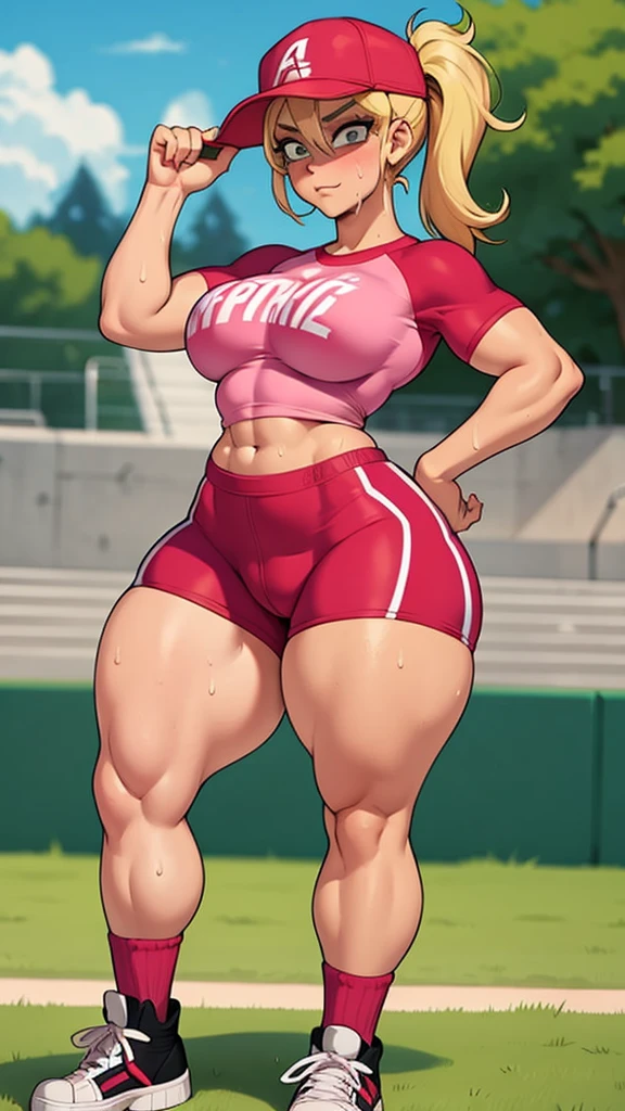 Athletic and curvy milf, muscle, cap, blond hair, sports top, red sports shorts, tiny shorts, parts, pink skin, sunburn, high socks, sneakers, sweating, clothes wet with sweat