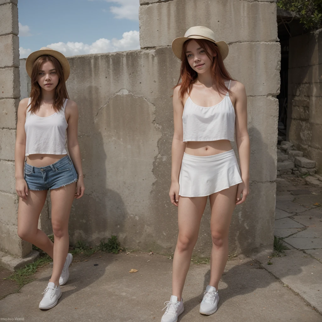 18-year-old girl similar to Chloë Grace Moretz, smiling, waist-length red hair, disheveled and disheveled, wears white fedora hat, white sleeveless blouse, blue miniskirt, tennis shoes, no socks, tight clothing, poses on ruins, probably part of A pre-Hispanic construction, it is completely exposed to the sun without any shade. intense direct sunlight, super realistic, clear sky, perfect body, correct proportions and perspectives, masterpiece, realistic photo, natural lighting from direct sunlight, outdoors