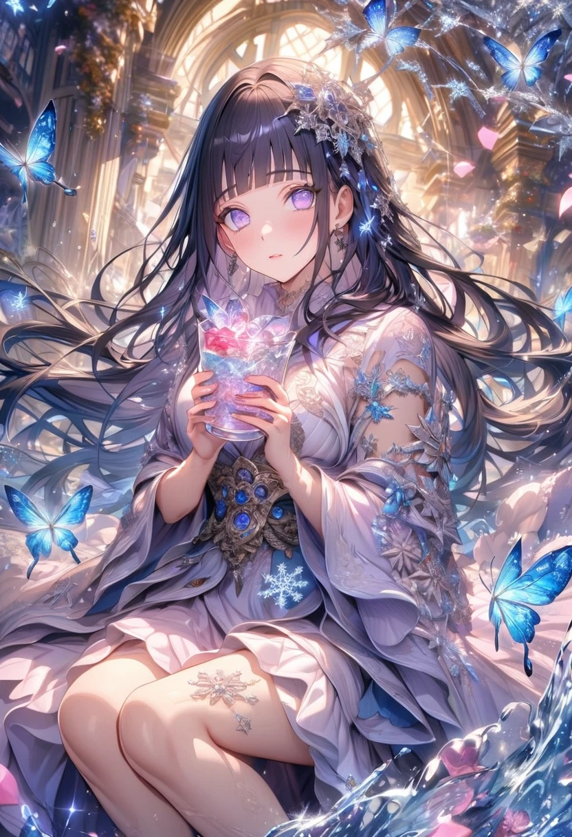 Ultra detailed, HDR, Highres, absurdres, master piece, Hyuga Neji, black long hair, expressive light purple eyes, Hyuga Hinata, dark blue long hair with bangs, expressive light purple eyes, Naruto Shippuden, a handsome man with a beautiful woman, couple, glass, ice glittering butterflies, ice, petals, pink ice glass flowers, cute, glittering, water, fantasy, magical, snowflakes, cold, glass