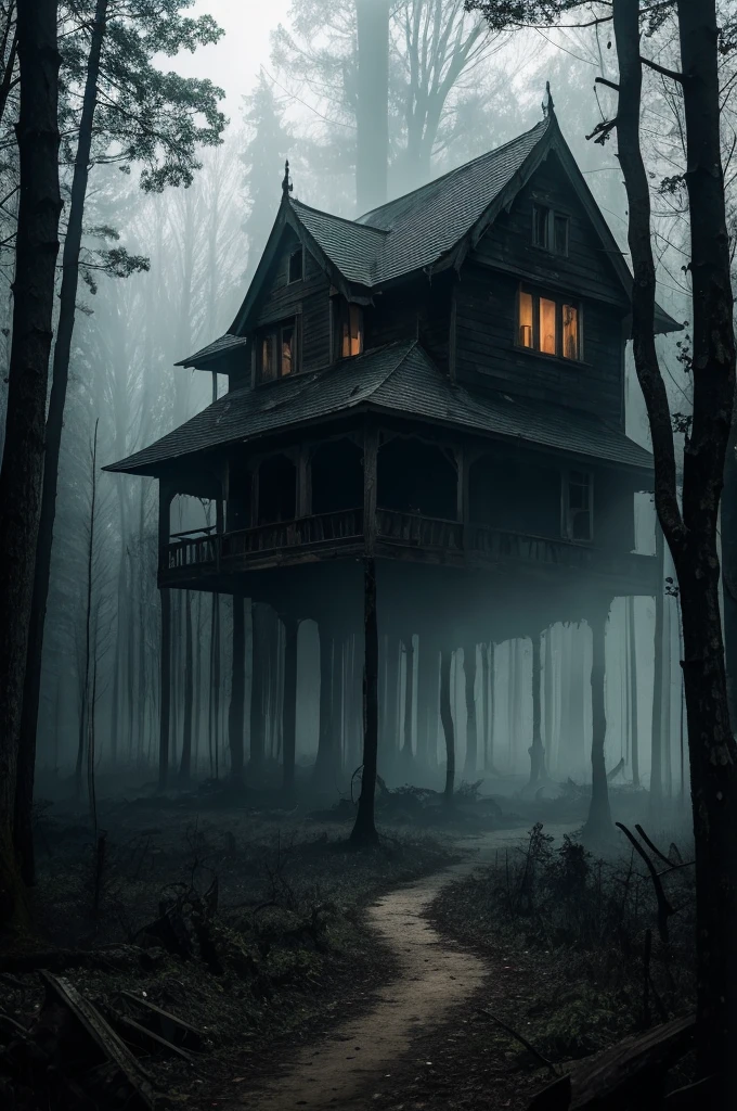 Haunted Forest:
A dark and dense forest, with gnarled trees and thick fog covering the ground. Glowing eyes peer from the shadows and an abandoned house in the background appears to harbor dark secrets..