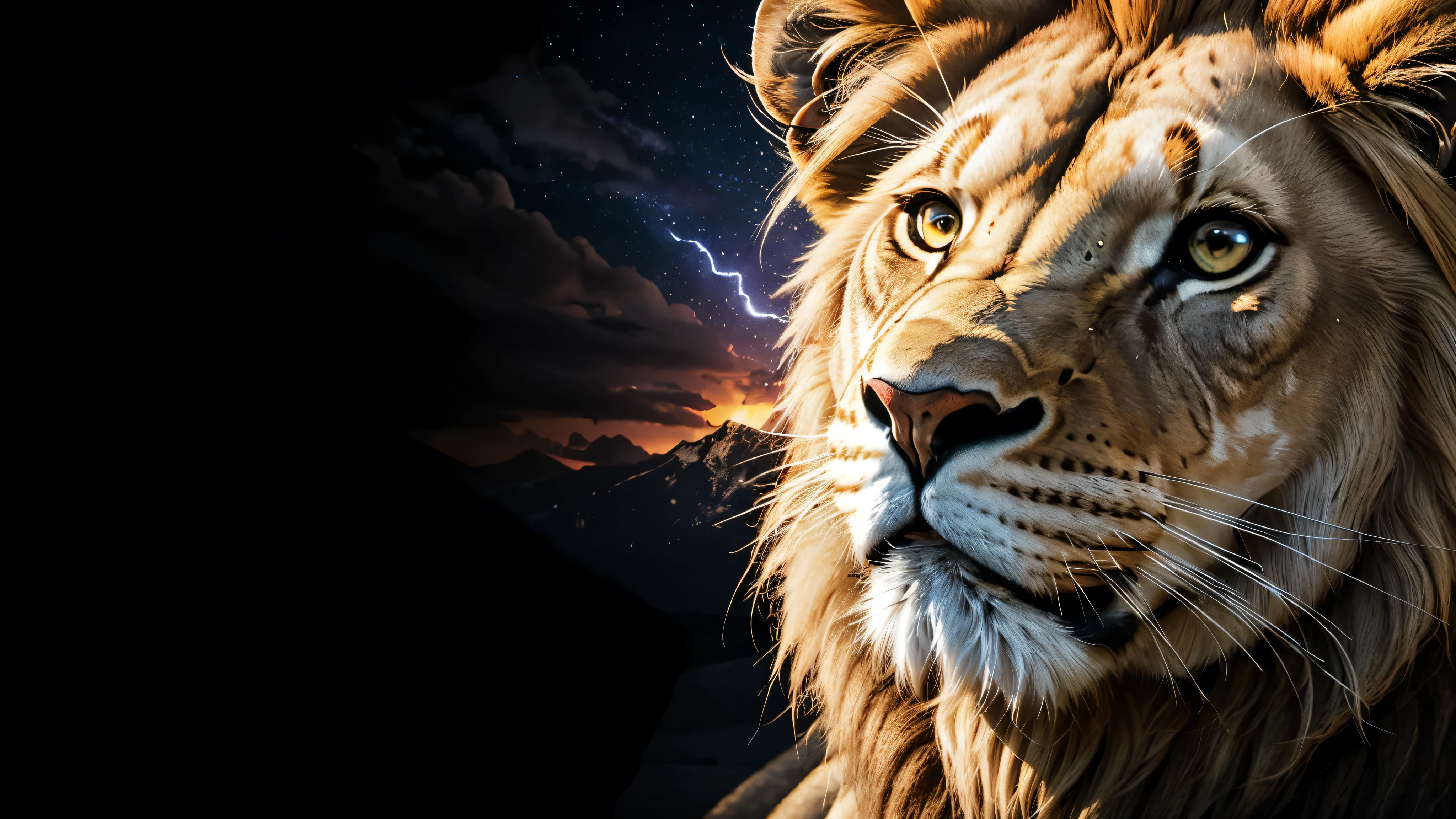 Lion, Divine Lion, naturals, naturals, ferocious, masculine, mighty, golden lion, Powerful Lion, beautiful nature, Great Realistic Lion, FullHD 8K, Light of sky, sunset night, Clear sky Sun, Black Golden, black andwhite, black and gold, detailed realistic face, 8K Detailed Realistic White Lion, Ultrarealistic 8k |Energia de thunder realista detalhada, Strong Creature realista detalhada, Strong Creature, Lion macho, Rendering, Fotorrealista 8K, UltraHD Alta definição 8K, Detailed Realistic 16K, Nitidez Fotorrealista 8K, 16K photorealistic textures, Contraste Fotorrealista 8K, Sombras Fotorrealistas 8K, Luzes Fotorrealistas 8K, Detailed realistic sunset, Detailed Realistic Lion Face, Detailed realistic light, detailed textures, thunder, detailed shadows, detailed colors, Celestial Electricity, Golden thunder, Lion realista, Ultra Realistic 16K, Realistic 16K, Realistic 16K sharpness, 16K photorealistic textures, 16K realistic colors, powerful creature, Majestic power, Power of Heaven, Great Divine, detailed contrast, realistic contrast, high resolution, detailed colors, fire, villany, divine creature, 8K, realistic detailed, 16K, 8K, High definition, detailed contrast, realistic contrast, high resolution, detailed colors, fire, villany, divine creature, realistic detailed, posh, chic