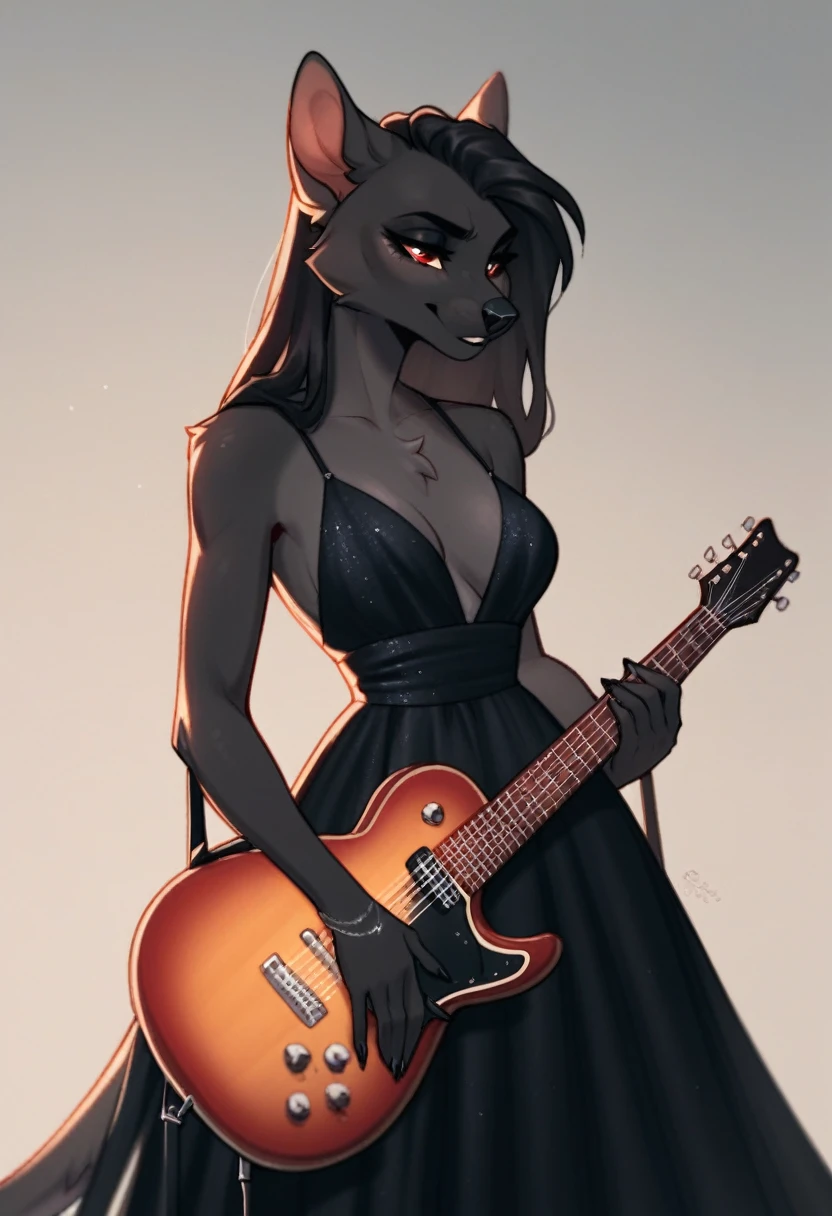 LnF, black fur, Eyes red, female, long black hair, black gown, guitar