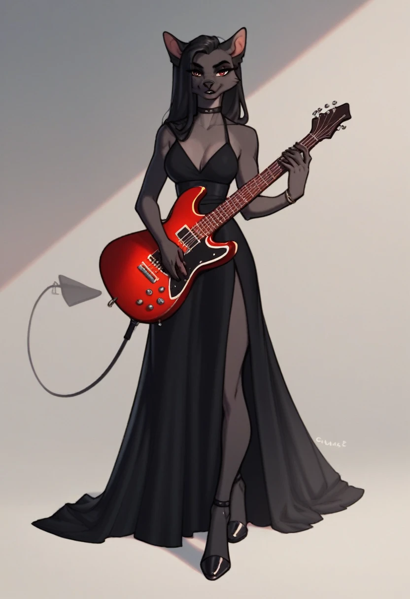LnF, black fur, Eyes red, female, long black hair, black gown, guitar