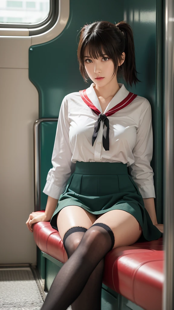 Place your hands between your thighs,Panty Drop,Twin tails,throw,Shiny, Sweaty thighs:1.5,Leg spread,Japanese , Sitting on a train,green sheet,Reading a book,Sailor suit, White shirt, Red ribbon, Brown leather shoes, Skirt flip,Black Skirt,Black high socks, Embarrassed expression,Inside the train, Morning light, Calm atmosphere, urban environment, high quality, Very detailed, Realistic photos, Intricate details