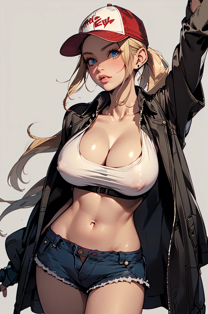 photography, bokeh, highres, ultra detailed, intricate details, absurdres, masterpiece, BREAK
1girl, beautifully detailed woman, beautifully detailed mouth, extremely detailed eyes and face, beautiful detailed eyes, matte eyeshadow, eyelashes, eyeliner, ultra glossy lipstick, (pouty lips:1.3), makeup, blush, BREAK
detailed background, BREAK
terry bogard girl, blonde hair, ponytail, blue eyes, long hair, baseball cap, fingerless gloves, denim shorts, sexy pose, cowboy shot, BREAK, huge breasts