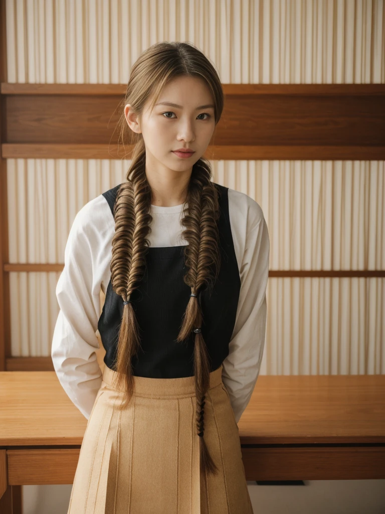 her name is Asako, high quality, 1girl, ((20-year-old fit Caucasian woman)), ((20 years old)), ((slim)), ((Fishtail Braid hair)), pose: standing, wearing aesthetic Generation-Z modern wear different colored, BACKGROUND: "In a traditional tatami room, with sliding shoji screens and a low wooden table set for tea."