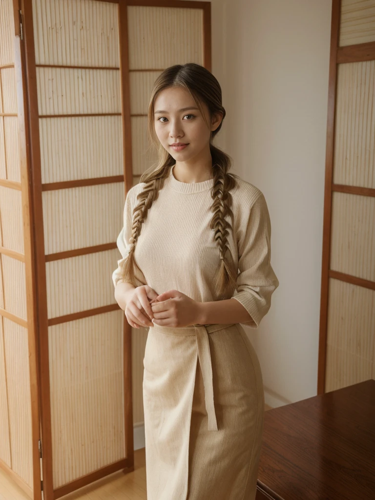 her name is Asako, high quality, 1girl, ((20-year-old fit Caucasian woman)), ((20 years old)), ((slim)), ((Fishtail Braid hair)), pose: standing, wearing aesthetic Generation-Z modern wear different colored, BACKGROUND: "In a traditional tatami room, with sliding shoji screens and a low wooden table set for tea."