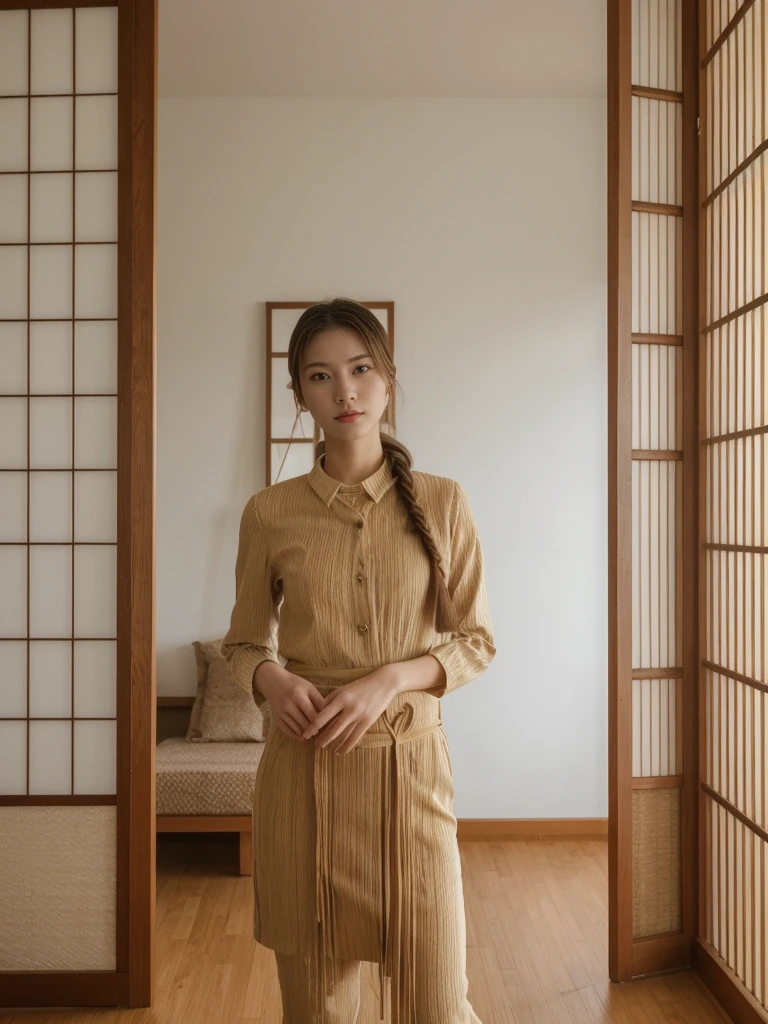 her name is Asako, high quality, 1girl, ((20-year-old fit Caucasian woman)), ((20 years old)), ((slim)), ((Fishtail Braid hair)), pose: standing, wearing aesthetic Generation-Z modern wear different colored, BACKGROUND: "In a traditional tatami room, with sliding shoji screens and a low wooden table set for tea."