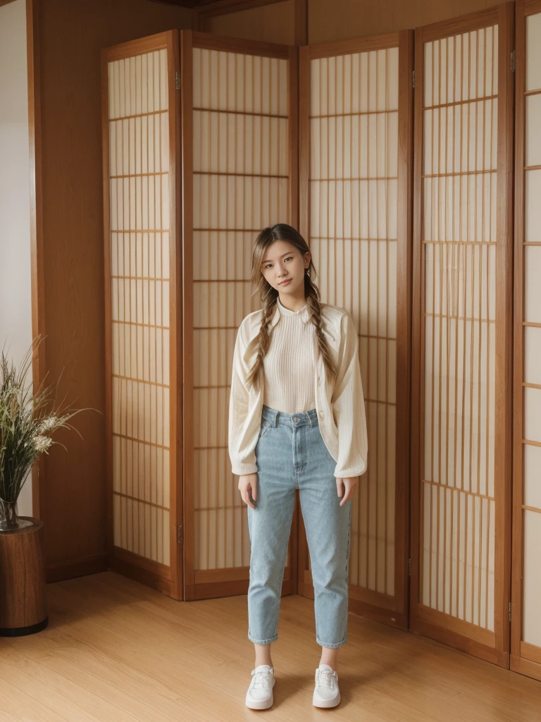 her name is Asako, high quality, 1girl, ((20-year-old fit Caucasian woman)), ((20 years old)), ((slim)), ((Fishtail Braid hair)), pose: standing, wearing aesthetic Generation-Z modern wear different colored, BACKGROUND: "In a traditional tatami room, with sliding shoji screens and a low wooden table set for tea."