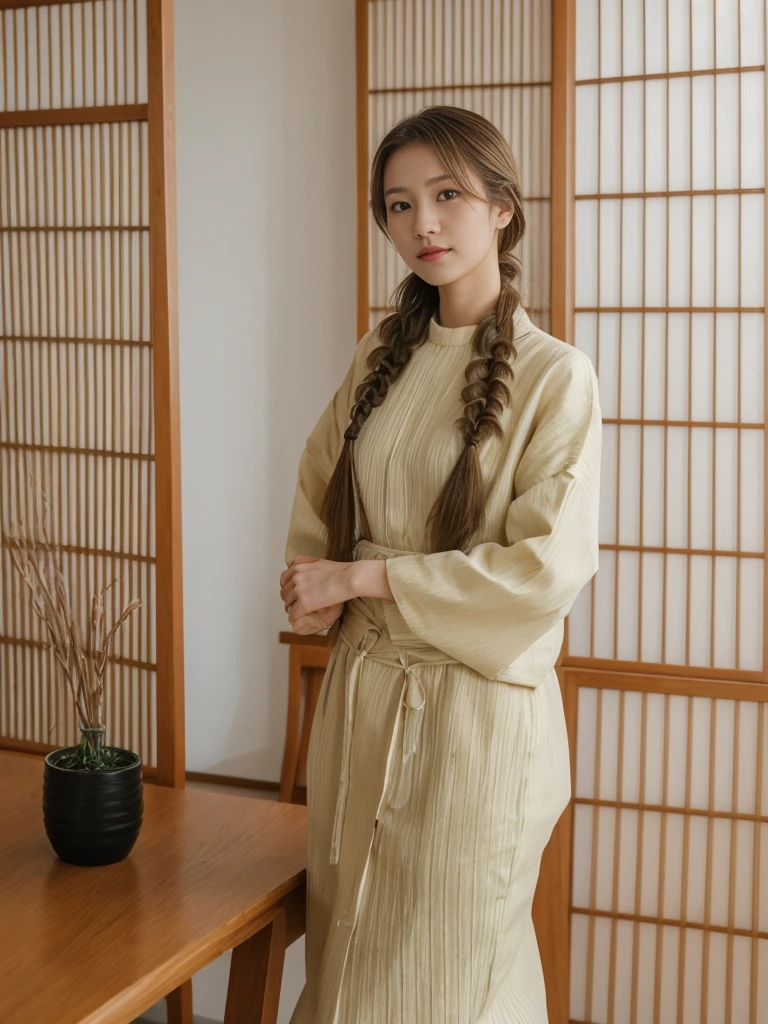 her name is Asako, high quality, 1girl, ((20-year-old fit Caucasian woman)), ((20 years old)), ((slim)), ((Fishtail Braid hair)), pose: standing, wearing aesthetic Generation-Z modern wear different colored, BACKGROUND: "In a traditional tatami room, with sliding shoji screens and a low wooden table set for tea."