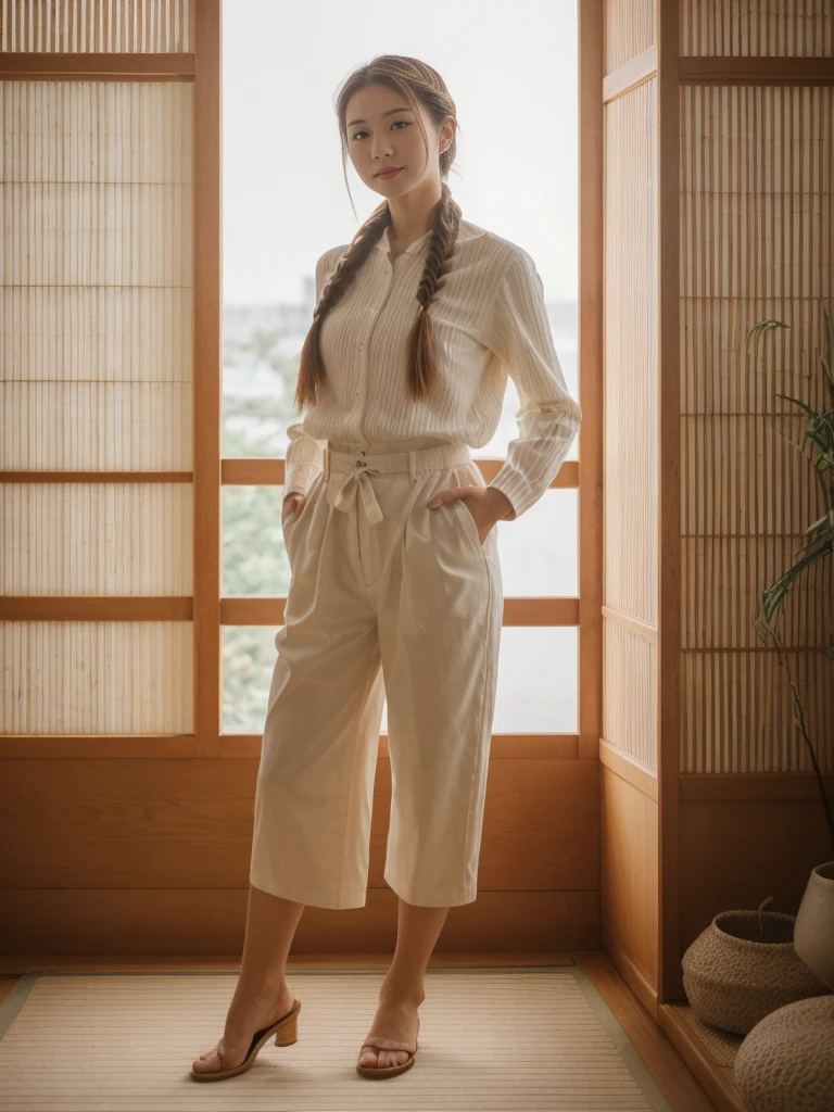 her name is Asako, high quality, 1girl, ((20-year-old fit Caucasian woman)), ((20 years old)), ((slim)), ((Fishtail Braid hair)), pose: standing, wearing aesthetic Generation-Z modern wear different colored, BACKGROUND: "In a traditional tatami room, with sliding shoji screens and a low wooden table set for tea."