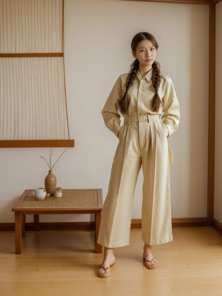 her name is Asako, high quality, 1girl, ((20-year-old fit Caucasian woman)), ((20 years old)), ((slim)), ((Fishtail Braid hair)), pose: standing, wearing aesthetic Generation-Z modern wear different colored, BACKGROUND: "In a traditional tatami room, with sliding shoji screens and a low wooden table set for tea."
