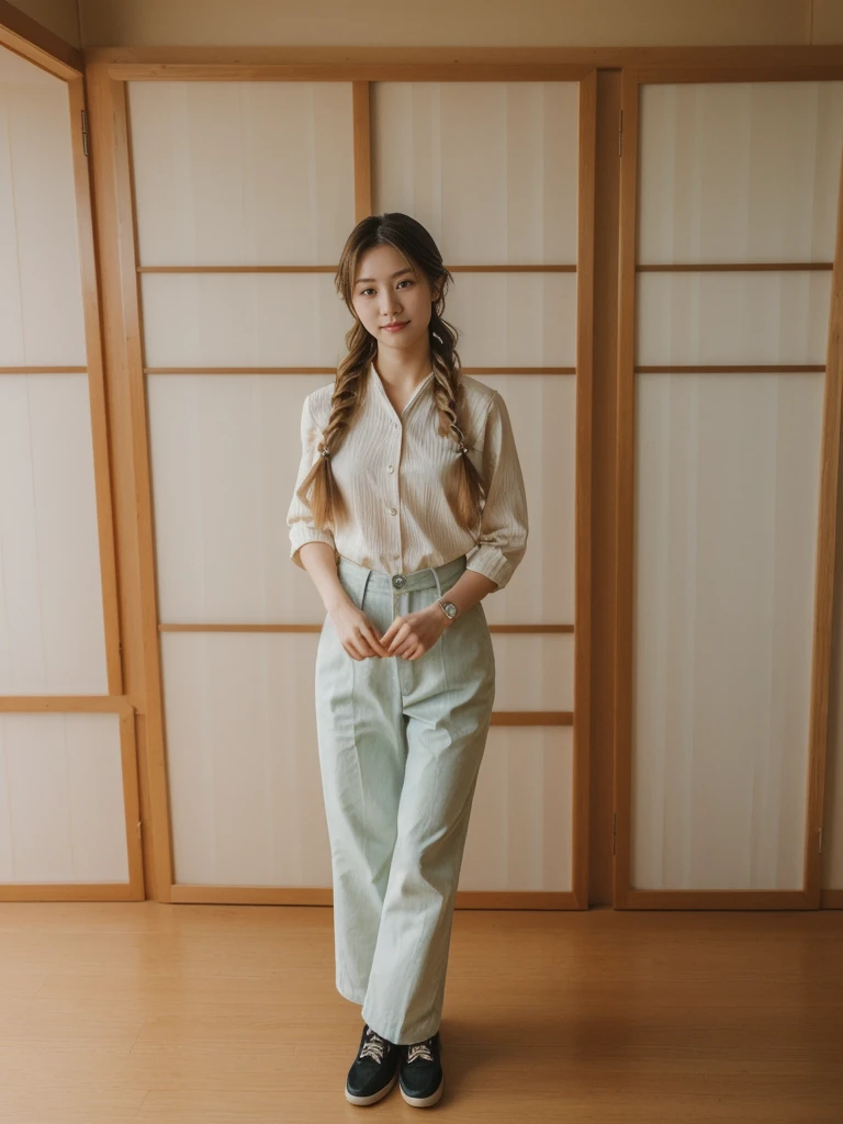 her name is Asako, high quality, 1girl, ((20-year-old fit Caucasian woman)), ((20 years old)), ((slim)), ((Fishtail Braid hair)), pose: standing, wearing aesthetic Generation-Z modern wear different colored, BACKGROUND: "In a traditional tatami room, with sliding shoji screens and a low wooden table set for tea."