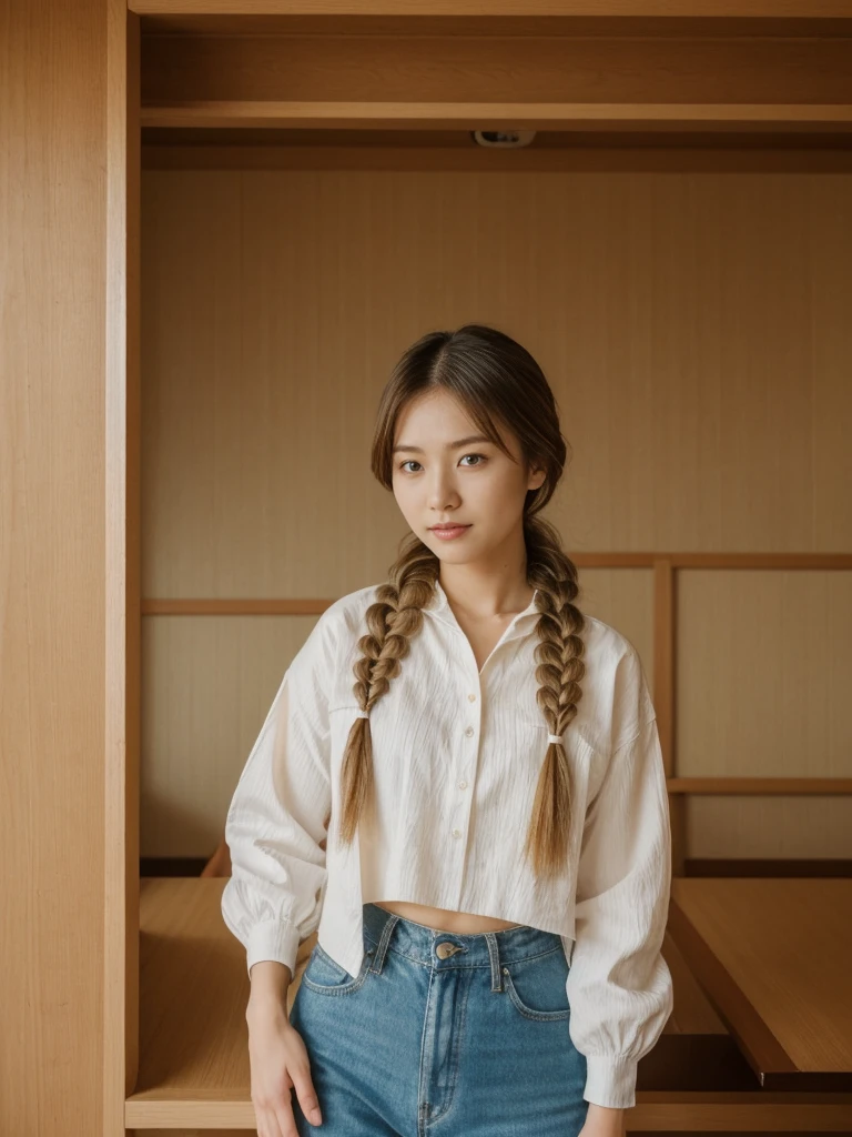 her name is Asako, high quality, 1girl, ((20-year-old fit Caucasian woman)), ((20 years old)), ((slim)), ((Fishtail Braid hair)), pose: standing, wearing aesthetic Generation-Z modern wear different colored, BACKGROUND: "In a traditional tatami room, with sliding shoji screens and a low wooden table set for tea."