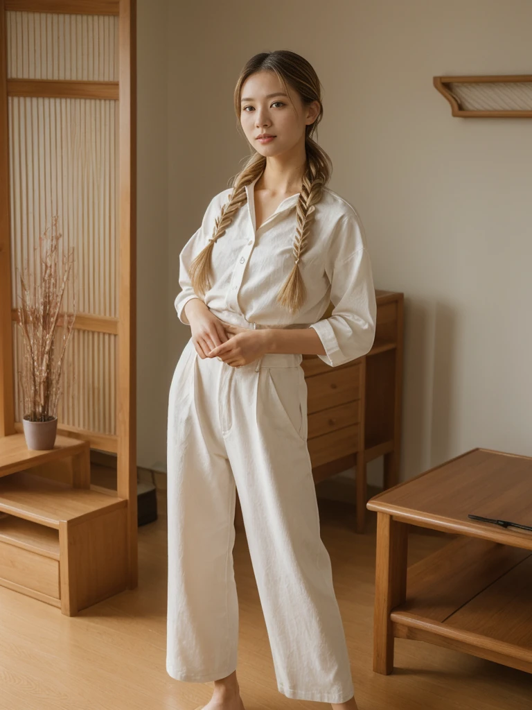 her name is Asako, high quality, 1girl, ((20-year-old fit Caucasian woman)), ((20 years old)), ((slim)), ((Fishtail Braid hair)), pose: standing, wearing aesthetic Generation-Z modern wear different colored, BACKGROUND: "In a traditional tatami room, with sliding shoji screens and a low wooden table set for tea."