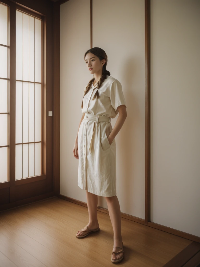 her name is Asako, high quality, 1girl, ((20-year-old fit Caucasian woman)), ((20 years old)), ((slim)), ((Fishtail Braid hair)), pose: standing, wearing aesthetic Generation-Z modern wear different colored, BACKGROUND: "In a traditional tatami room, with sliding shoji screens and a low wooden table set for tea."