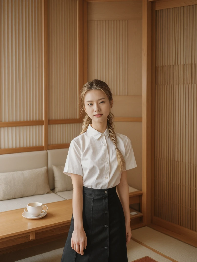 her name is Asako, high quality, 1girl, ((20-year-old fit Caucasian woman)), ((20 years old)), ((slim)), ((Fishtail Braid hair)), pose: standing, wearing aesthetic Generation-Z modern wear different colored, BACKGROUND: "In a traditional tatami room, with sliding shoji screens and a low wooden table set for tea."