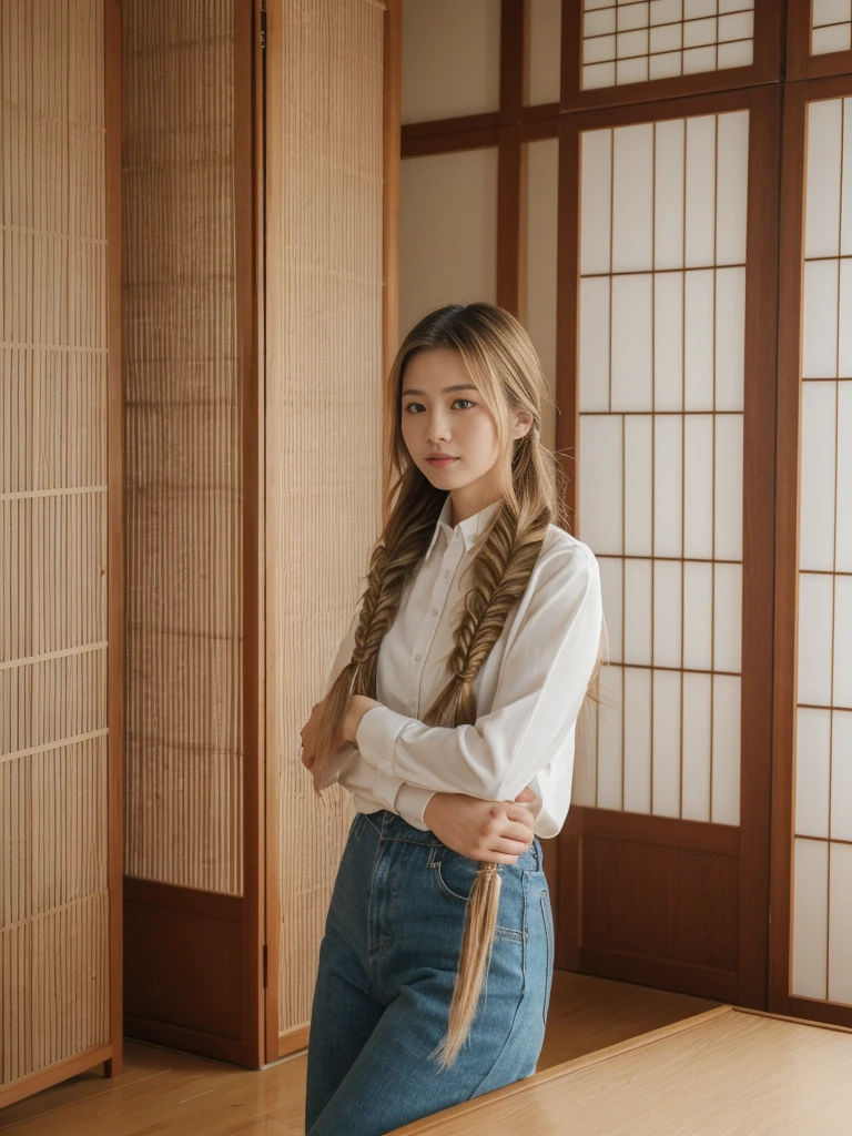 her name is Asako, high quality, 1girl, ((20-year-old fit Caucasian woman)), ((20 years old)), ((slim)), ((Fishtail Braid hair)), pose: standing, wearing aesthetic Generation-Z modern wear different colored, BACKGROUND: "In a traditional tatami room, with sliding shoji screens and a low wooden table set for tea."