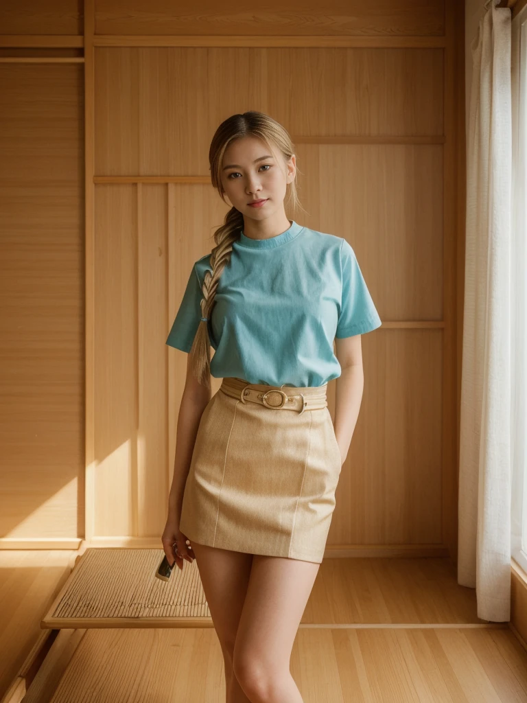 her name is Asako, high quality, 1girl, ((20-year-old fit Caucasian woman)), ((20 years old)), ((slim)), ((Fishtail Braid hair)), pose: standing, wearing aesthetic Generation-Z modern wear different colored, BACKGROUND: "In a traditional tatami room, with sliding shoji screens and a low wooden table set for tea."