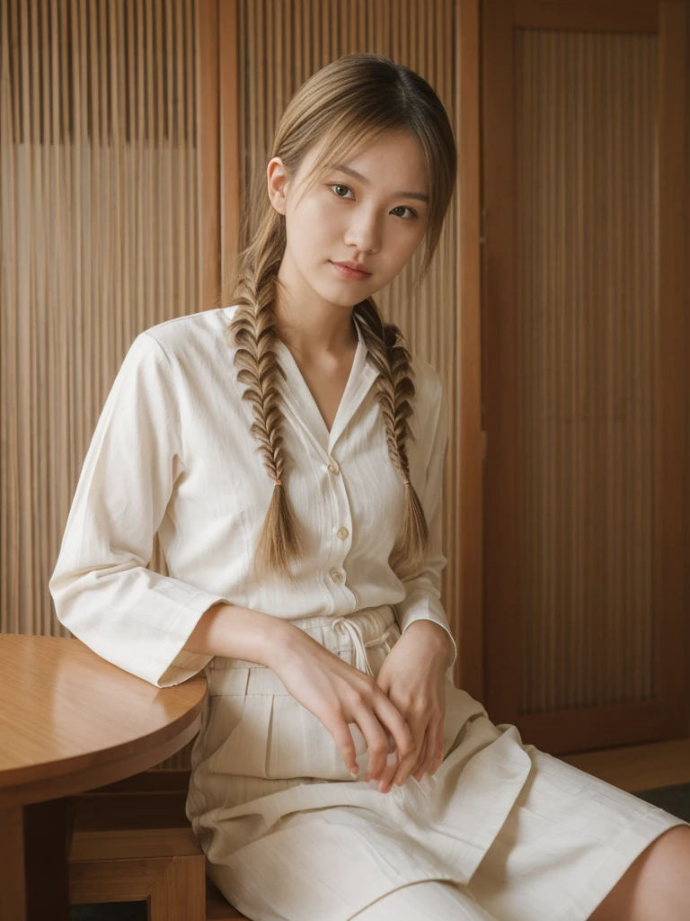 her name is Asako, high quality, 1girl, ((20-year-old fit Caucasian woman)), ((20 years old)), ((slim)), ((Fishtail Braid hair)), pose: standing, wearing aesthetic Generation-Z modern wear different colored, BACKGROUND: "In a traditional tatami room, with sliding shoji screens and a low wooden table set for tea."