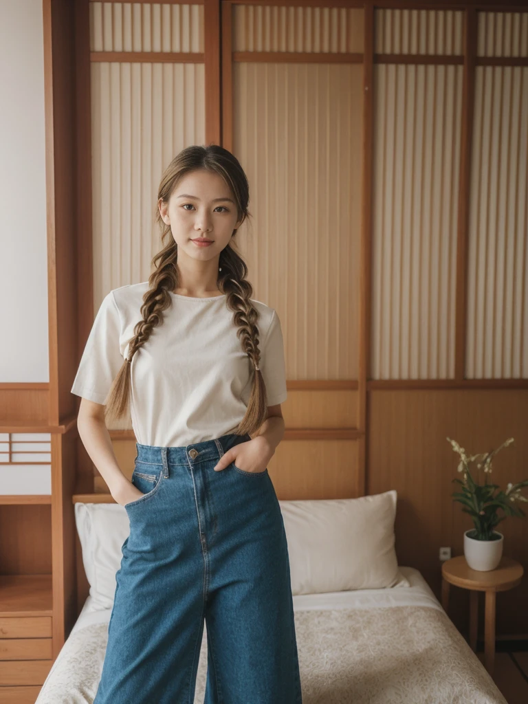 her name is Asako, high quality, 1girl, ((20-year-old fit Caucasian woman)), ((20 years old)), ((slim)), ((Fishtail Braid hair)), pose: standing, wearing aesthetic Generation-Z modern wear different colored, BACKGROUND: "In a traditional tatami room, with sliding shoji screens and a low wooden table set for tea."