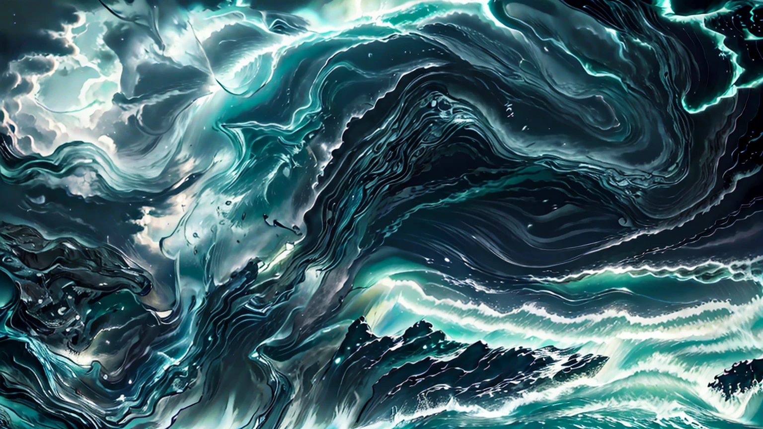 Deep Ocean Flow: Blue and Emerald Serenity'a dark painted artwork in a dark ocean blue and pureblack background, in the style of an acrylic flowingocean, minimal, calm dynamic line flowingthroughou, ocean blue and dark emerald gradientsdigital art techniques, marble, luminous hints 