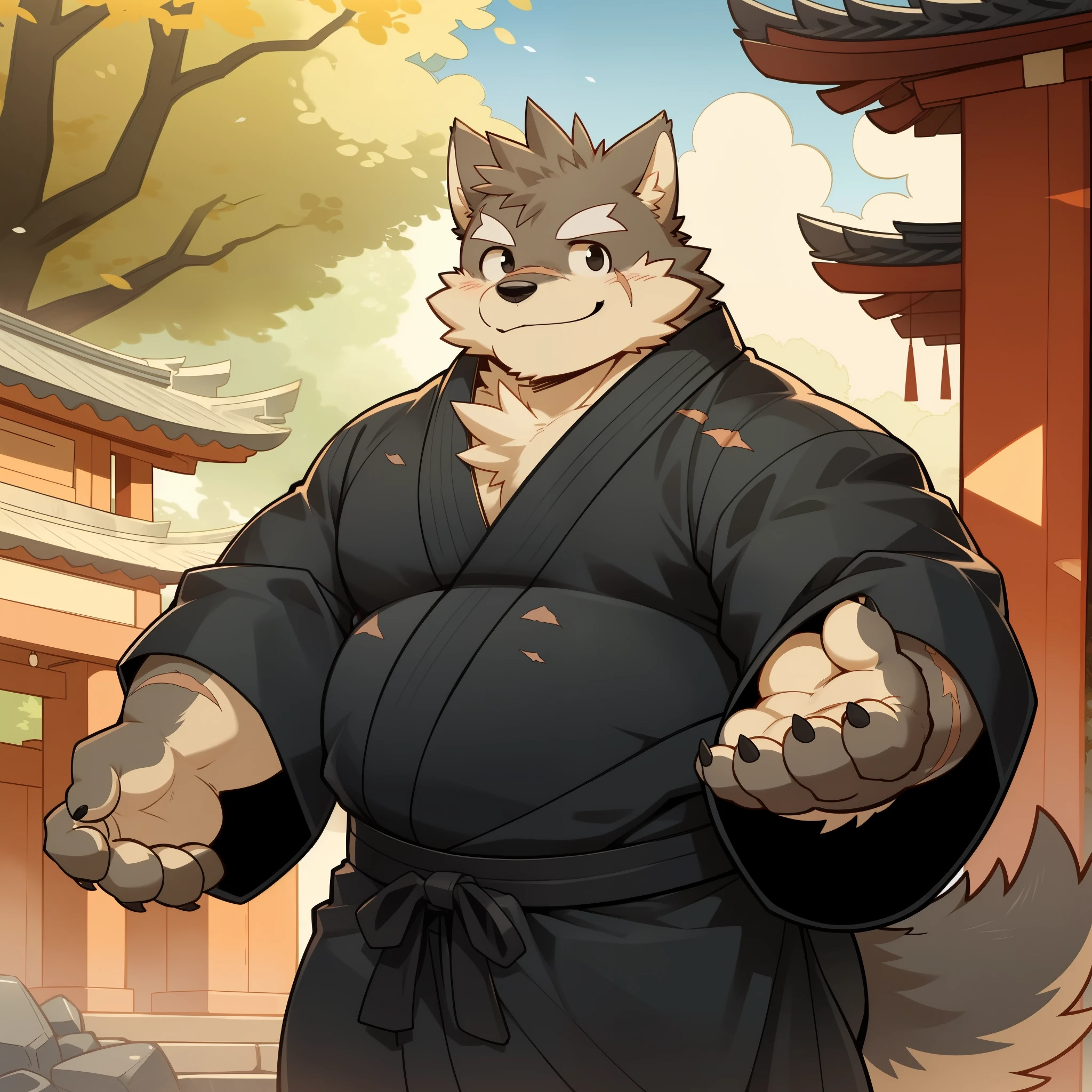 Scribble 黑色柴dog face,Cute face,Humanity(dog),(Black Kimono:1.3),Chubby,(White eyebrows:1.1),(Perfect black eyes),(artist:Takemoto Arashi),(Bulging buttocks),shrine,Scars on the face,Smile,Wolf Tail,Black nails,There is a scar on the left eyebrow。