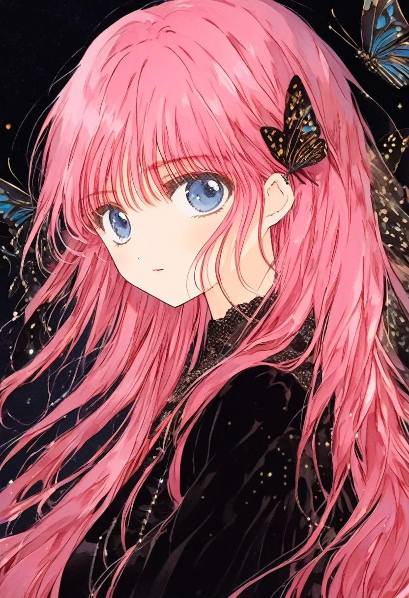 girl, pink hair, dark background, nino nakano, score_9, score_8_up, score_7_up, score_6_up, source anime,  pink hair, blue eyes, sparkling eyes, nakano nino, pink hair, butterfly hair ornament, oninpnxl,