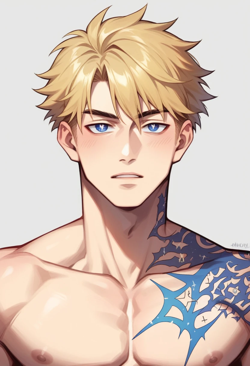 Boy men With sea-colored eyes, dark blue, dilated pupils, navy blue, pink mouth, medium-sized lips, thin nose, with some spots on the face, white, smooth and thin skin, with the musculature of a mesomorph, blonde hair with yellow tips, wavy, medium for a man's hair, eyebrows in the same shade as the hair, many moles spread across the body in the shape of a constellation, fine features like an Asian, dark blue eyes slanted like a Japanese, dragon tattoo on left arm, tattoo color: red.