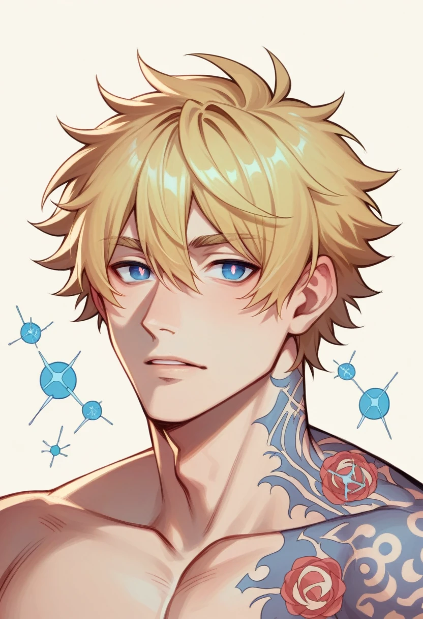 Boy men With sea-colored eyes, dark blue, dilated pupils, navy blue, pink mouth, medium-sized lips, thin nose, with some spots on the face, white, smooth and thin skin, with the musculature of a mesomorph, blonde hair with yellow tips, wavy, medium for a man's hair, eyebrows in the same shade as the hair, many moles spread across the body in the shape of a constellation, fine features like an Asian, dark blue eyes slanted like a Japanese, dragon tattoo on left arm, tattoo color: red.
