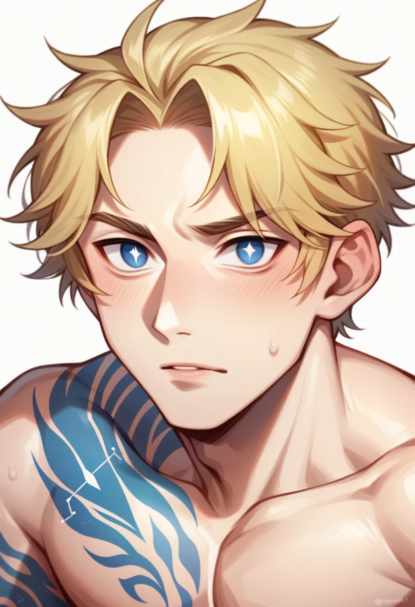 Boy men With sea-colored eyes, dark blue, dilated pupils, navy blue, pink mouth, medium-sized lips, thin nose, with some spots on the face, white, smooth and thin skin, with the musculature of a mesomorph, blonde hair with yellow tips, wavy, medium for a man's hair, eyebrows in the same shade as the hair, many moles spread across the body in the shape of a constellation, fine features like an Asian, dark blue eyes slanted like a Japanese, dragon tattoo on left arm, tattoo color: red.