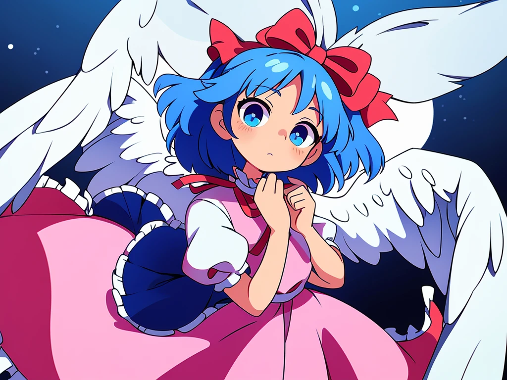 (best quality,4k,8k,highres,masterpiece:1.2), ultra-detailed, highly detailed texture, intricate details, A cute age angel with blue eyes, drawn in anime style, 1girl, , , 10 ydium blue hair, hair flaps, pink ribbon on head, well-formed face, blue eyes, angel girl, white blouse, puffy short sleeves, red ribbon, angel wings, long white skirt, red shoes, frills, ribbon head