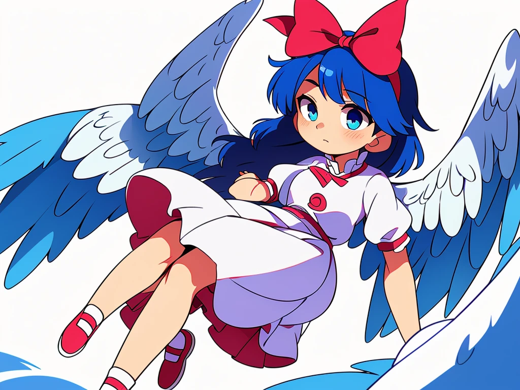 (best quality,4k,8k,highres,masterpiece:1.2), ultra-detailed, highly detailed texture, intricate details, A cute teenage angel with blue eyes, drawn in anime style, 1girl, , , 10 years old, medium blue hair, hair flaps, pink ribbon on head, well-formed face, blue eyes, angel girl, white blouse, puffy short sleeves, red ribbon, angel wings, long white skirt, red shoes, frills, ribbon head