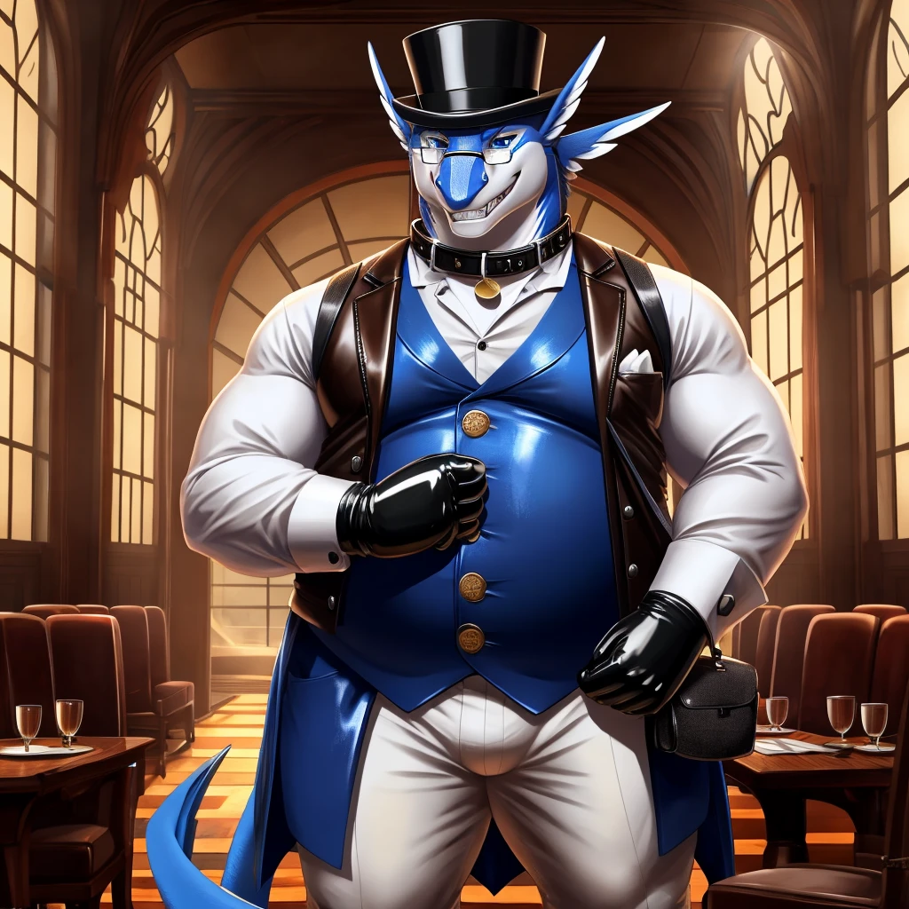 Solo, Male, fat, extremely obese, gentleman, dapper Professor Shiron, blue eyes, (posing:1.3), (soft shading), 4k, hi res, ((detailed face, detailed)), looking at viewer, evil grin, steampunk, collared shirt with buttons, top hat, male focus, Explorer Outfit, glasses, monocle, bag, vest with buttons, backpack, sleeves rolled up, round eyewear, brown headwear, brown vest, Shiron is wearing a glossy leather dog collar around the neck, Shiron is wearing the leather collar and shirt and vest at the same time, Shiron is wearing glossy white rubber gloves on the hands, wearing white rubber gloves on the feet, Shiron is wearing glossy white cuffs around the wrists with cufflinks, gloves are rubber in texture, clenching teeth, clenching fists, leather collar is glossy and shiny with a lot of detail, Shiron is wearing gloves and cuffs and cufflinks at the same time, leather collar has a round dog-tag, leather collar is thick and detailed.