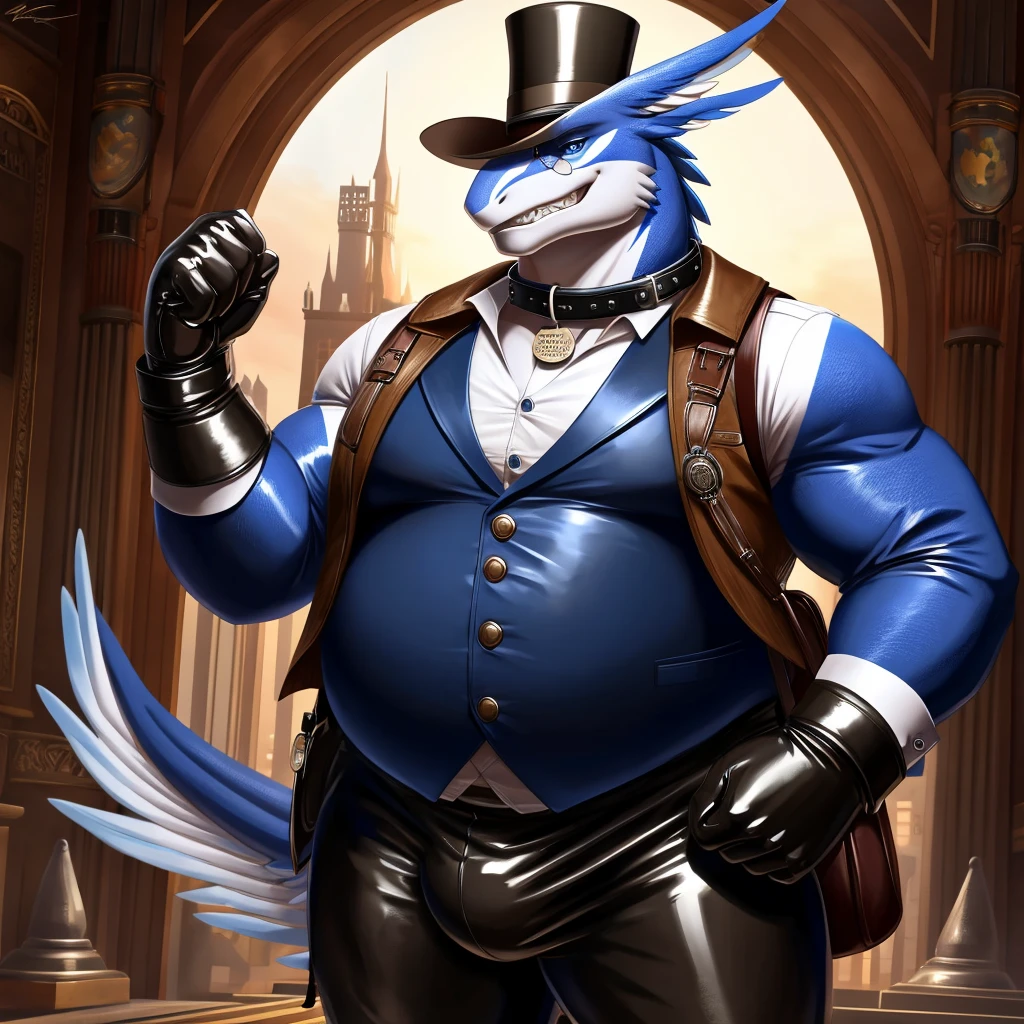 Solo, Male, fat, extremely obese, gentleman, dapper Professor Shiron, blue eyes, (posing:1.3), (soft shading), 4k, hi res, ((detailed face, detailed)), looking at viewer, evil grin, steampunk, collared shirt with buttons, top hat, male focus, Explorer Outfit, glasses, monocle, bag, vest with buttons, backpack, sleeves rolled up, round eyewear, brown headwear, brown vest, Shiron is wearing a glossy leather dog collar around the neck, Shiron is wearing the leather collar and shirt and vest at the same time, Shiron is wearing glossy white rubber gloves on the hands, wearing white rubber gloves on the feet, Shiron is wearing glossy white cuffs around the wrists with cufflinks, gloves are rubber in texture, clenching teeth, clenching fists, leather collar is glossy and shiny with a lot of detail, Shiron is wearing gloves and cuffs and cufflinks at the same time, leather collar has a round dog-tag, leather collar is thick and detailed.