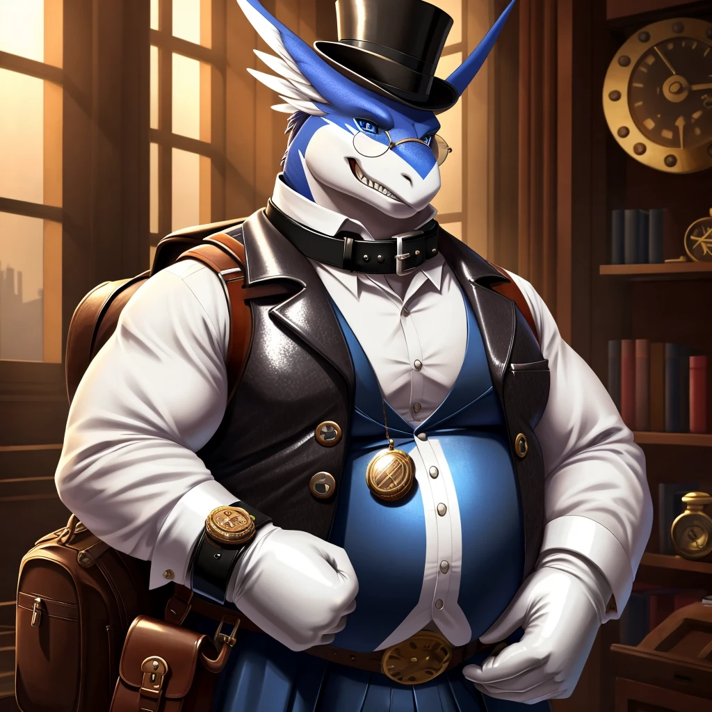 Solo, Male, fat, extremely obese, gentleman, dapper Professor Shiron, blue eyes, (posing:1.3), (soft shading), 4k, hi res, ((detailed face, detailed)), looking at viewer, evil grin, steampunk, collared shirt with buttons, top hat, male focus, Explorer Outfit, glasses, monocle, bag, vest with buttons, backpack, sleeves rolled up, round eyewear, brown headwear, brown vest, Shiron is wearing a glossy leather dog collar around the neck, Shiron is wearing the leather collar and shirt and vest at the same time, Shiron is wearing glossy white rubber gloves on the hands, wearing white rubber gloves on the feet, Shiron is wearing glossy white cuffs around the wrists with cufflinks, gloves are rubber in texture, clenching teeth, clenching fists, leather collar is glossy and shiny with a lot of detail, Shiron is wearing gloves and cuffs and cufflinks at the same time, leather collar has a round dog-tag, leather collar is thick and detailed.
