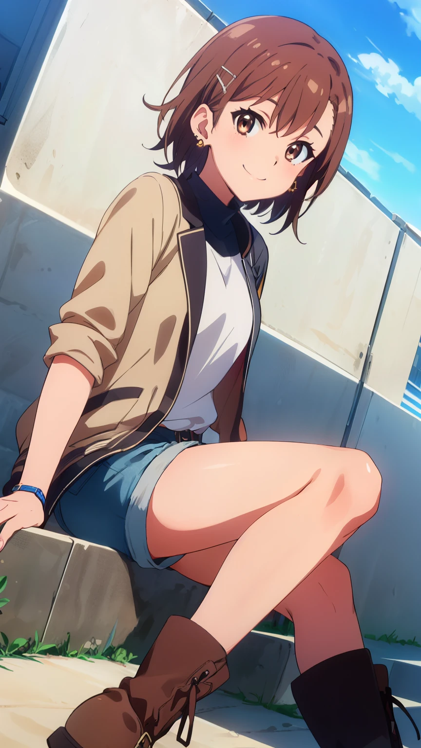 (masterpiece, best quality, 8k:1.2),Very detailed, (anime:1.1), misaka_mikoto, brown hair, short hair, hairpin, small medium breasts, 1girl, (Smiling face, college jacket, shorts, boots, earrings,), dutch angle, looking at viewer,