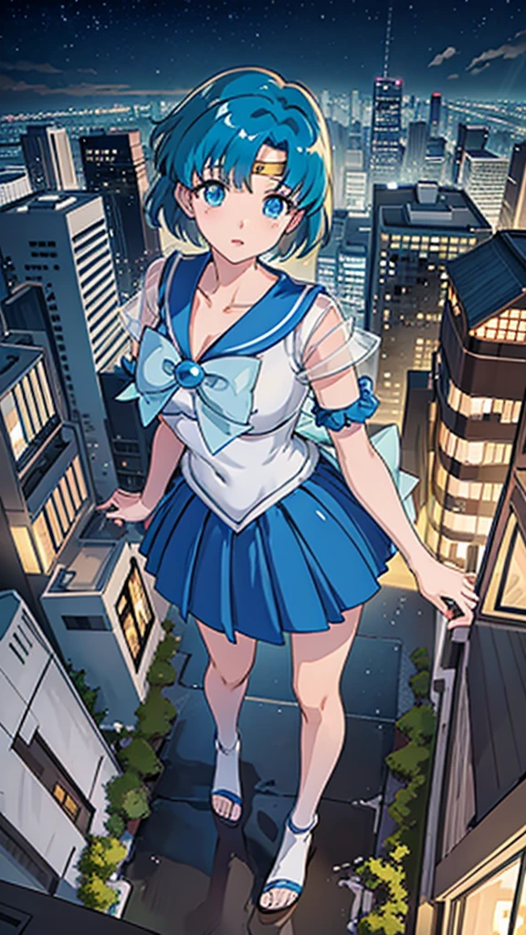 Anime Style Beauty masterpiece Unreal Engine Precision Cute Girls giant girl (Mizuno Ami from Skyscraper)) Blue short hair Sailor Mercury uniform ((A view from the sky)) flood heavy rain Heavy Rain Cloudy Dark Sky Collapsed building Destroyed city ((Destroyed buildings)) ((Destroyed cars)) ((Pile of rubble)) 90's Giant Girl on the Road in the Big City Uniform Skirt ((Dim cloudy sky)) Female Giant huge girl full body Destroyed skyscrapers, destroyed cars, crowd Unreal Engine,