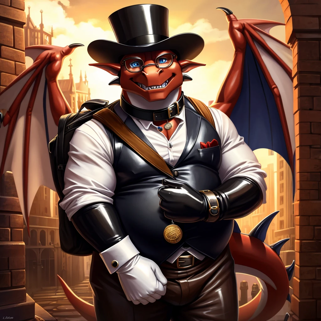 Solo, Male, fat, extremely obese, gentleman, dapper Professor Dragon, blue eyes, (posing:1.3), (soft shading), 4k, hi res, ((detailed face, detailed)), looking at viewer, evil grin, steampunk, collared shirt with buttons, top hat, male focus, Explorer Outfit, glasses, monocle, bag, vest with buttons, backpack, sleeves rolled up, round eyewear, brown headwear, brown vest, Dragon is wearing a glossy leather dog collar around the neck, Dragon is wearing the leather collar and shirt and vest at the same time, Dragon is wearing glossy white rubber gloves on the hands, wearing white rubber gloves on the feet, Dragon is wearing glossy white cuffs around the wrists with cufflinks, gloves are rubber in texture, clenching teeth, clenching fists, leather collar is glossy and shiny with a lot of detail, Dragon is wearing gloves and cuffs and cufflinks at the same time, leather collar has a round dog-tag, leather collar is thick and detailed.