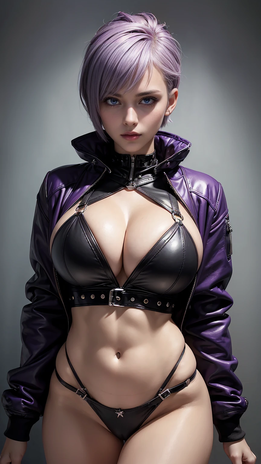 (((Of the highest quality: 1.4))),(incomparable masterpiece ever), (ultra high definition),(Ultra-realistic 8k CG), Official Art、 (((adult body, super huge enormously gigantic , Cleavage showing))), (((1 girl in))), ((( short hair bob ))), Punk girl with a perfect body, Jacket with metal spikes.,Beautiful and well-groomed face.,elegant makeup,Detailed punk fashion,leather jackets, (Image from head to thigh.),((Platinum purple short hair bob )), Harajuku Inspired Hooded Leather Tiny Panties, Simon Bisley's wild urban style,Detailed London street background,clean abs, Complex graphics, dark pink with white stars and gray and white stripes, any poisonous tattoo )), piercings,