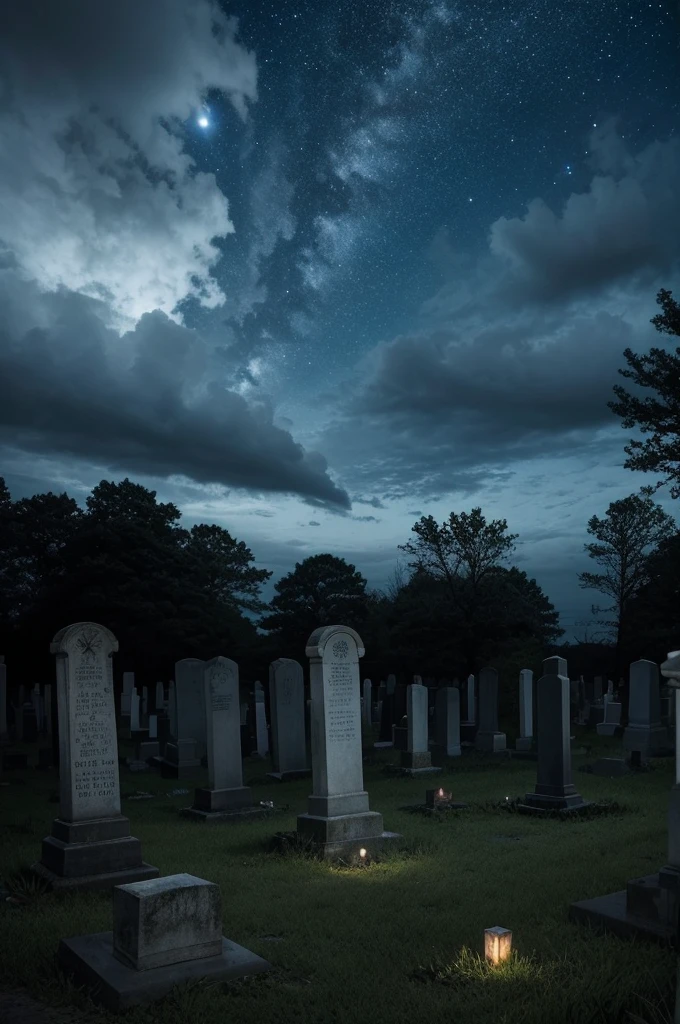 Cemetery at midnight:
A gloomy old cemetery at midnight, with worn tombstones and a starry sky obscured by clouds. Ghostly spirits and spectral figures float through the air.