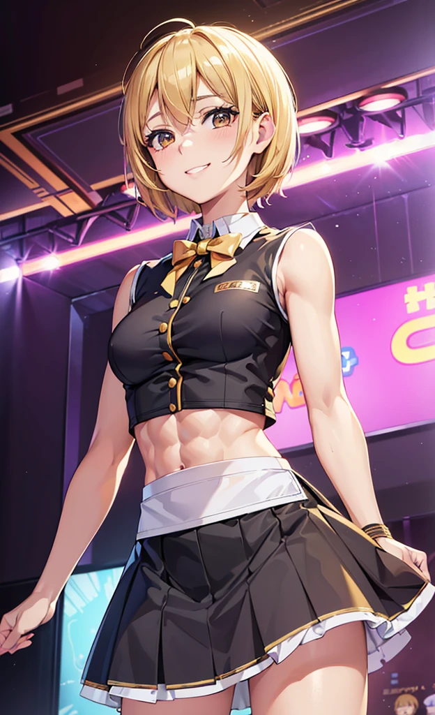 masterpiece, best quality, ultra detailed, ultra high resolution, very detailed face, solo, ((anime)), 20 years old girl, (((cromtop, waitress uniform))), ((golden short hair)), (((medium breast))), (six pack abs:1.2), ((little smile)), teeth, in the live stage, neon