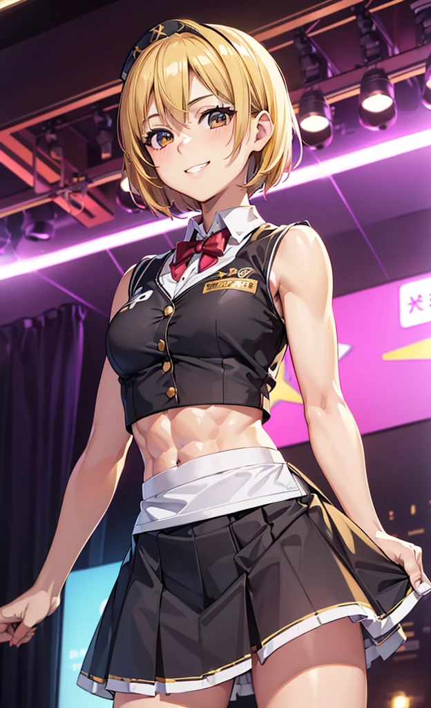 masterpiece, best quality, ultra detailed, ultra high resolution, very detailed face, solo, ((anime)), 20 years old girl, (((cromtop, waitress uniform))), ((golden short hair)), (((medium breast))), (six pack abs:1.2), ((little smile)), teeth, in the live stage, neon