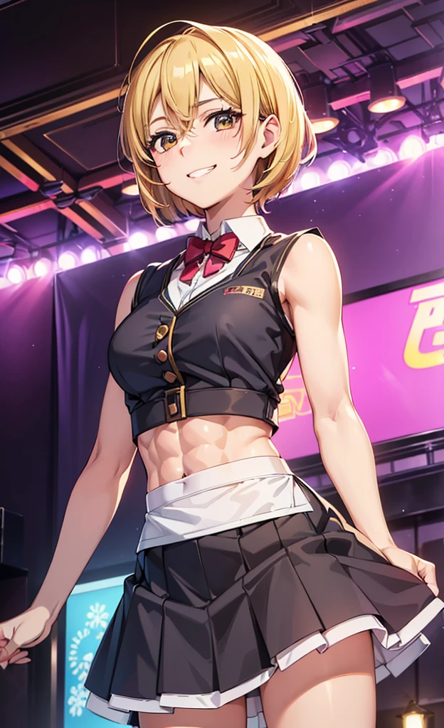 masterpiece, best quality, ultra detailed, ultra high resolution, very detailed face, solo, ((anime)), 20 years old girl, (((cromtop, waitress uniform))), ((golden short hair)), (((medium breast))), (six pack abs:1.2), ((little smile)), teeth, in the live stage, neon