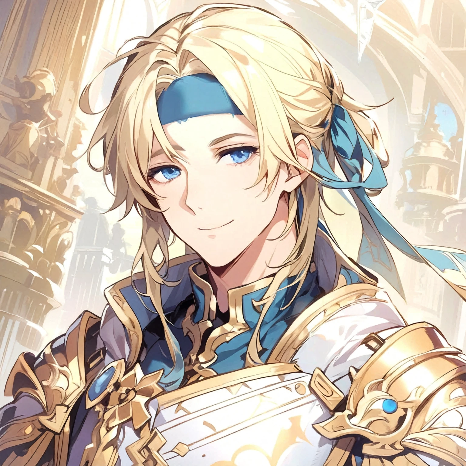 ((Highest quality)), ((masterpiece)), ((1boy)), ((独奏)), (Holy Knight), ((Blonde hair, blue eyes, adult male)), Beautifully detailed, slit eyes, (Tall and sturdy), ((Blue headband)), ((light smile)), ((A gentle handsome man)), ((Droopy eyes)), (tareme), ((Silver Armor)), (Fine decoration of gold)