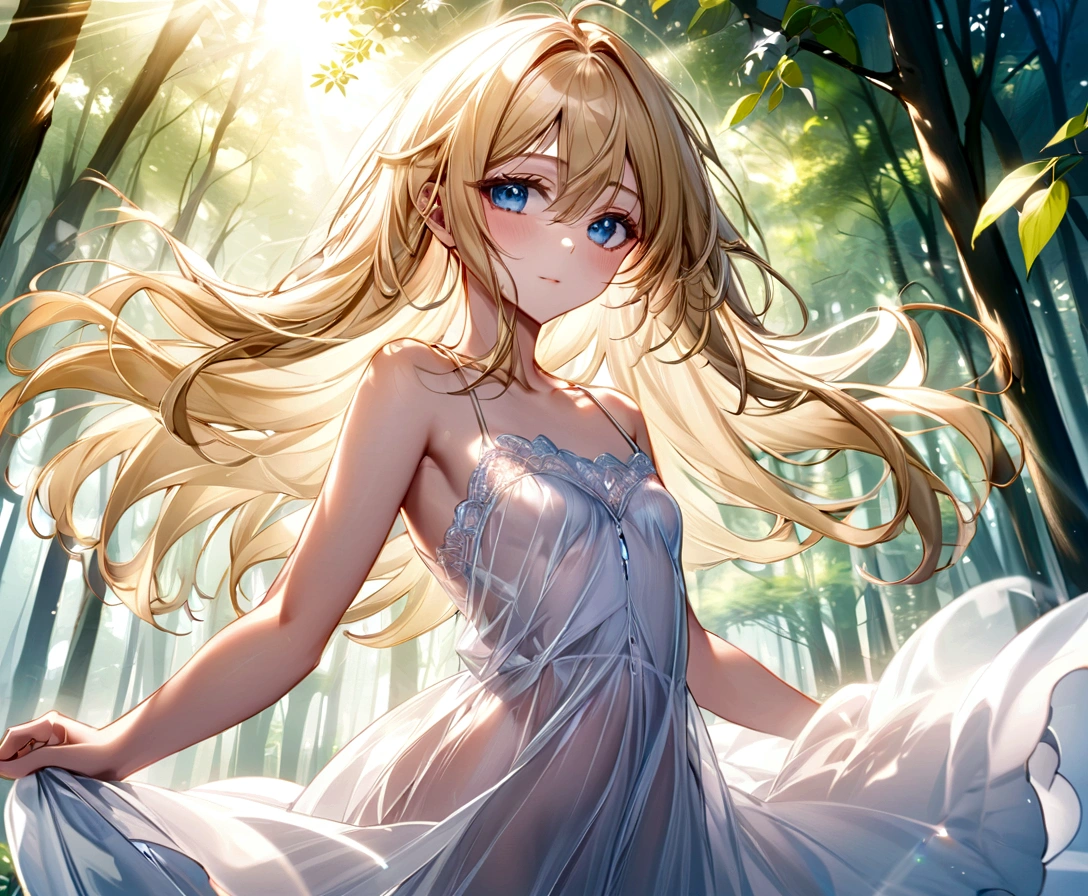 girl、beautiful、Blonde、Fluffy hair、Long Hair、White dress、Skirt fluttering in the wind、solo、blue eyes、Highest quality、masterpiece、Clear focuinimally revealing clothing、Mature Woman、Small breasts、Perfect Body、Highly detailed eye depiction、Sunlight filtering through the trees