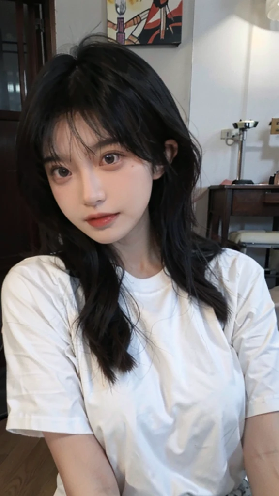 best qualtiy,tmasterpiece,,(realisticlying:1.4),1girll,Raised sexy,A ball head,voluminous hair,Delicate face,Vivid,Real girls,largeaperture,Wearing a white t-shirt dresacro shot,Plump,Slightly fat,Very plump,sexy for,looking at you,good eyes looking,