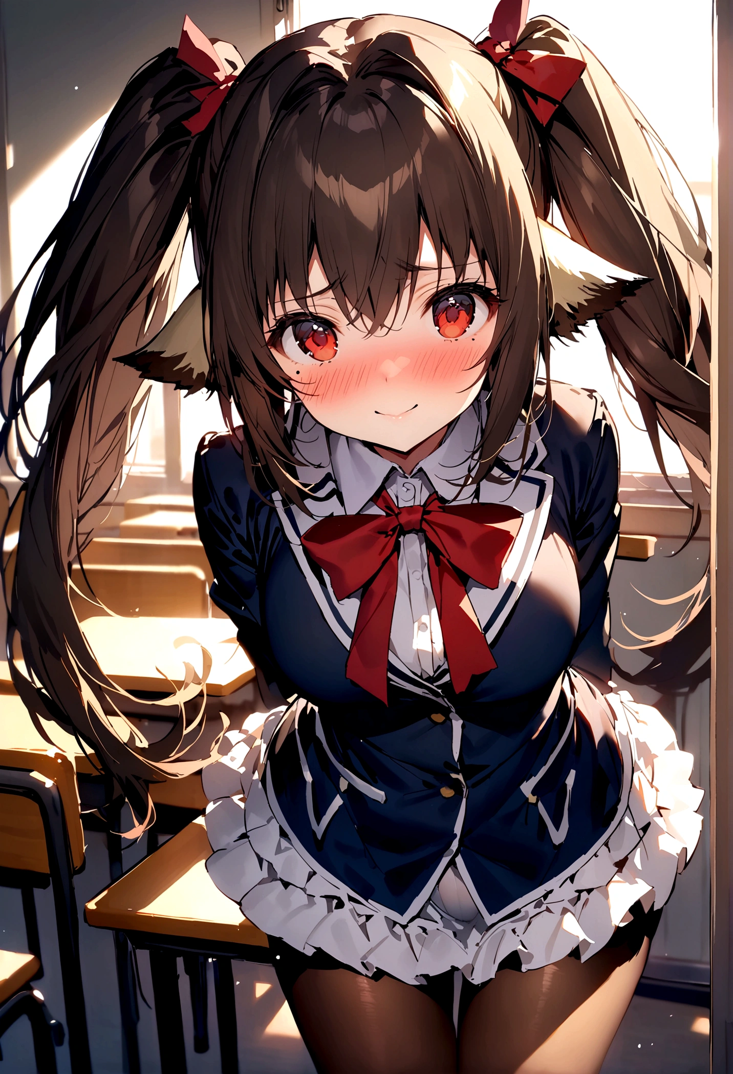 NSFW,masterpiece,Highest quality,High resolution,Super detailed,nekone \(utawarerumono\),Long Hair、Brown Hair、(Red Eye:1.3)、ribbon、Animal Ears、Twin tails、ヘアribbon、Mole、目の下のMole、,uniform,mini skirt,hose,White frilly pantirrassed,blush,Expecting face,Seduce,smile,School,classroom