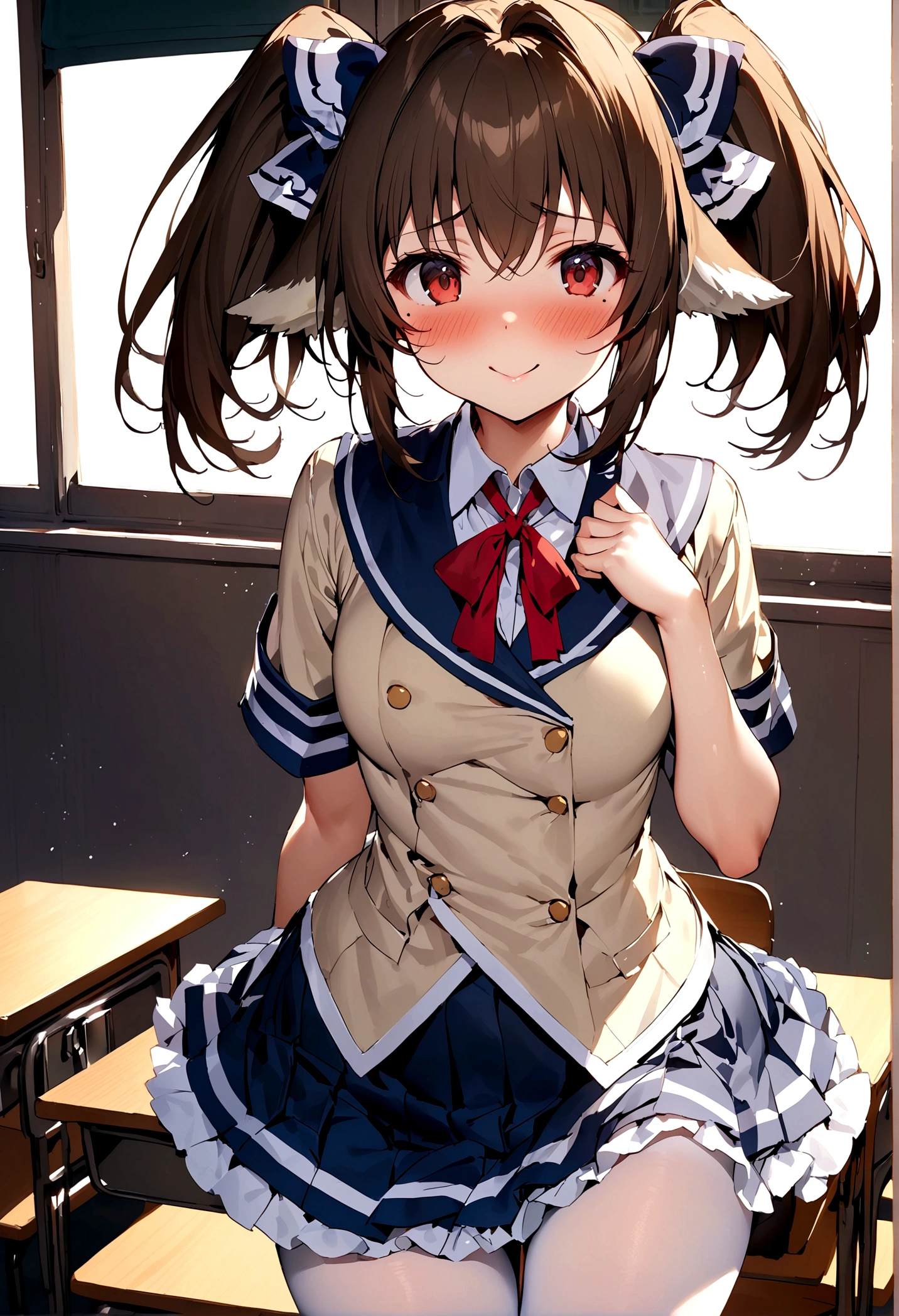 NSFW,masterpiece,Highest quality,High resolution,Super detailed,nekone \(utawarerumono\),Long Hair、Brown Hair、(Red Eye:1.3)、ribbon、Animal Ears、Twin tails、ヘアribbon、Mole、目の下のMole、,uniform,mini skirt,pantyhose,White frilly panties,Embarrassed,blush,Expecting face,Seduce,smile,School,classroom