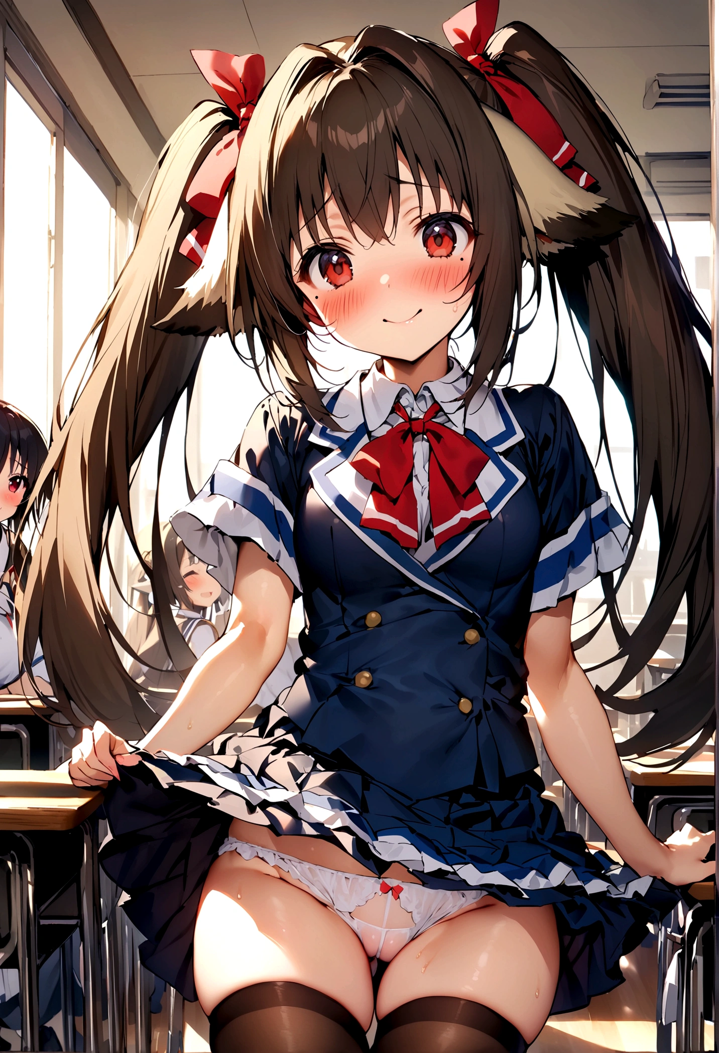 NSFW,masterpiece,Highest quality,High resolution,Super detailed,nekone \(utawarerumono\),Long Hair、Brown Hair、(Red Eye:1.3)、ribbon、Animal Ears、Twin tails、ヘアribbon、Mole、目の下のMole、,uniform,mini skirt,pantyhose,White frilly panties,Embarrassed,blush,Expecting face,Seduce,smile,School,classroom